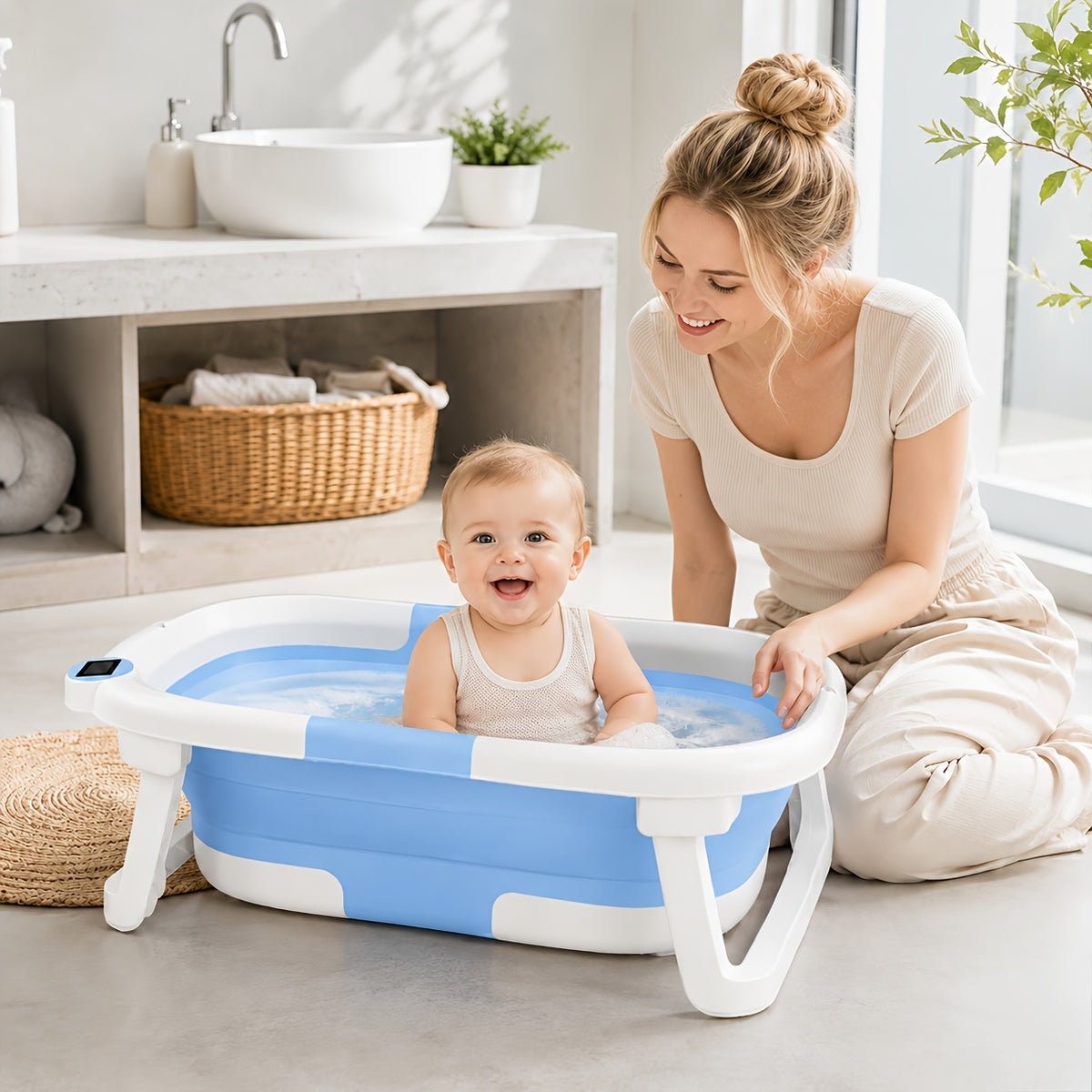 Baby Bathtub with Thermometer and Soft Cushion, Collapsible Infant-to-Toddler Bath Tub for 0 to 36 Months with Easy-Grip Handles in Five Colors