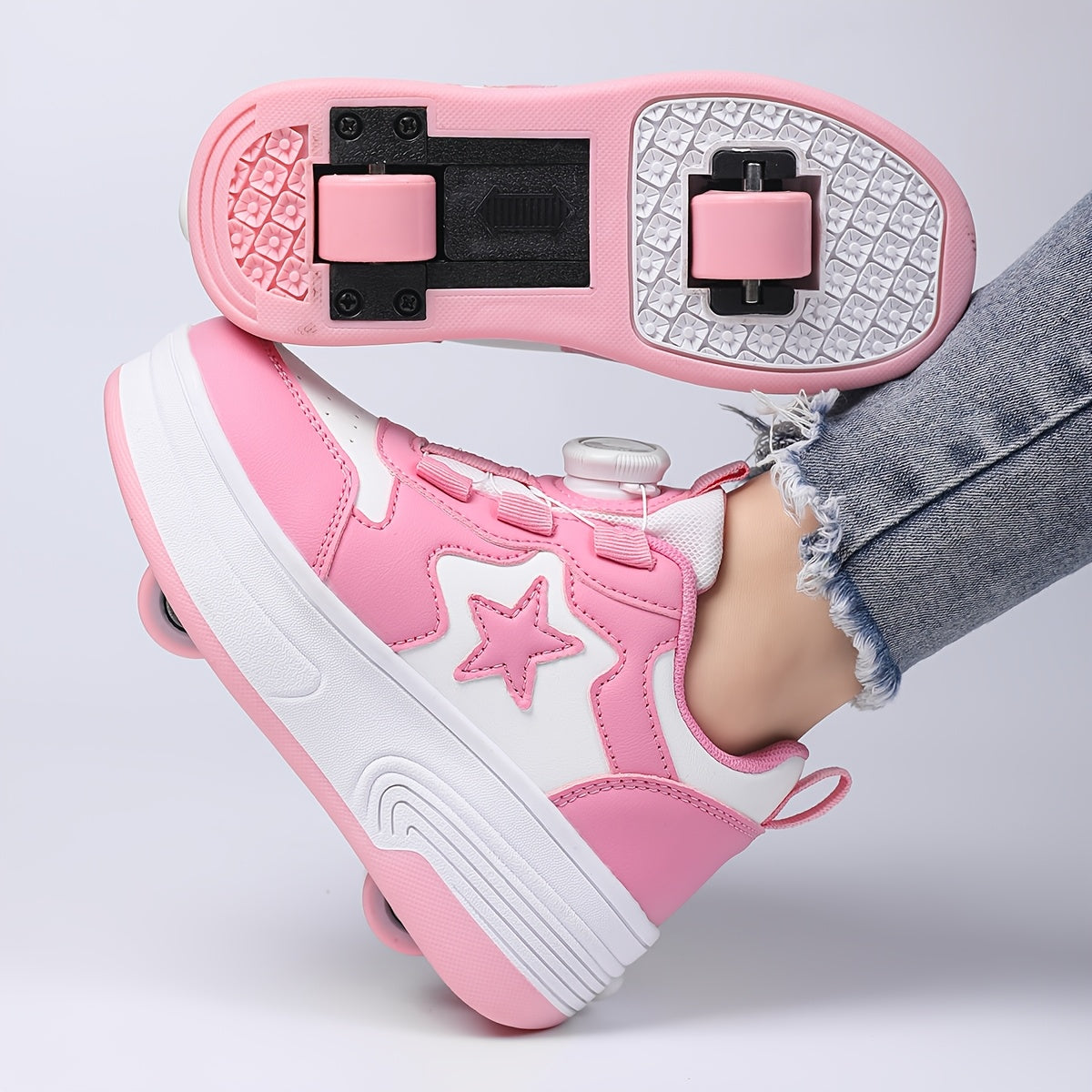 Kids Roller Skates with Buckle Closure and Dual-Wheel Design, Pink or Black Skate Shoes for Indoor and Outdoor Practice, Little and Big Kid Sizes