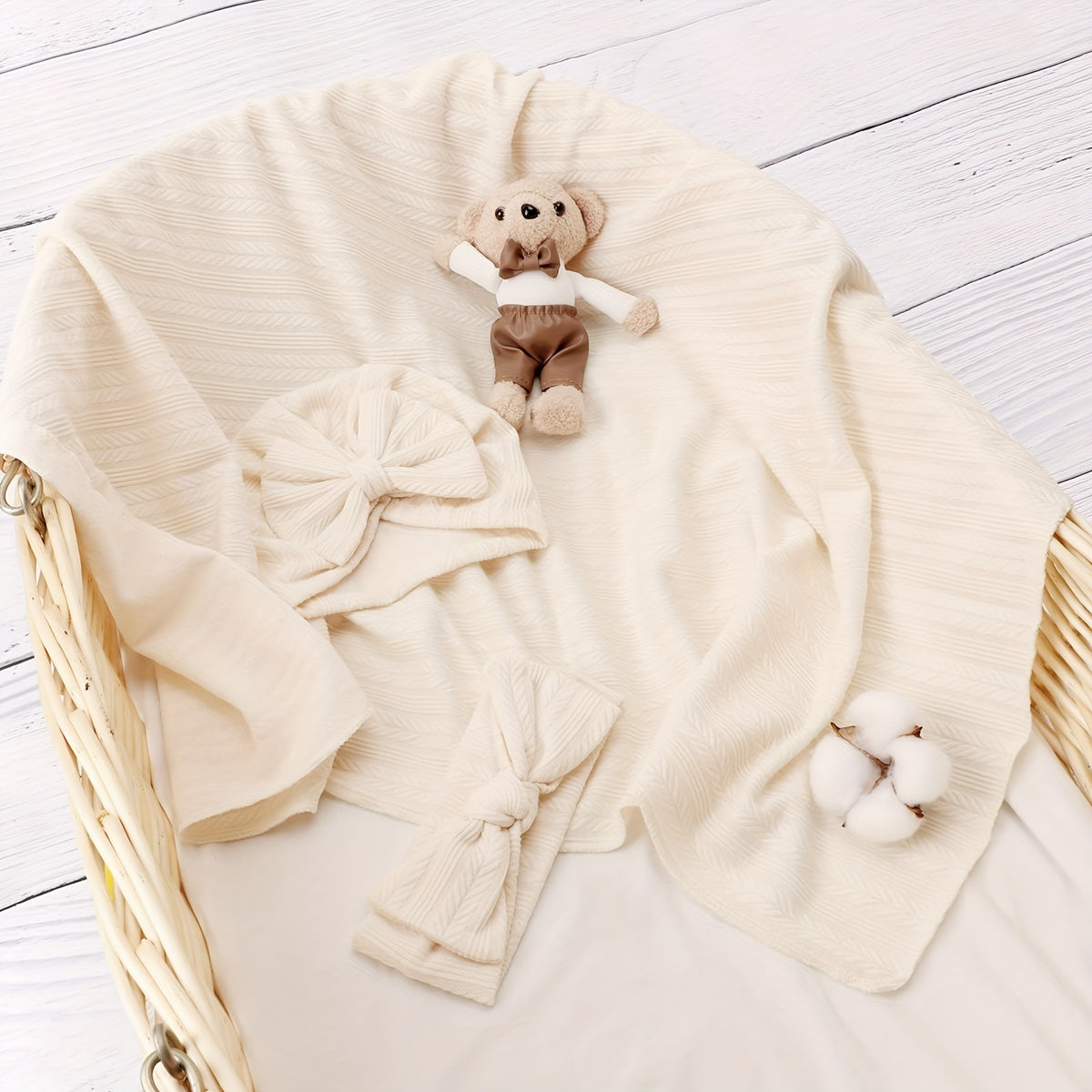 Baby Swaddle Blanket Gift Set with Matching Hat and Bow Headband, 3-Piece Newborn Wrap Accessories for Girls and Boys in Four-Season Colors
