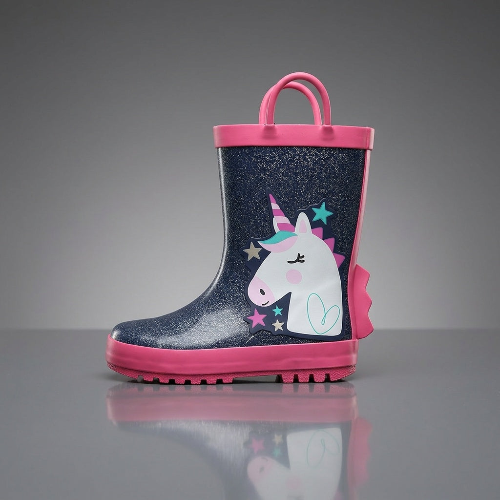 Pull-Handle Kids Rain Boots in PVC, Rainbow Unicorn and Other Color Options with Cartoon Details and Anti-Slip Sole for Toddler to Big Kid Rainy-Day Outings