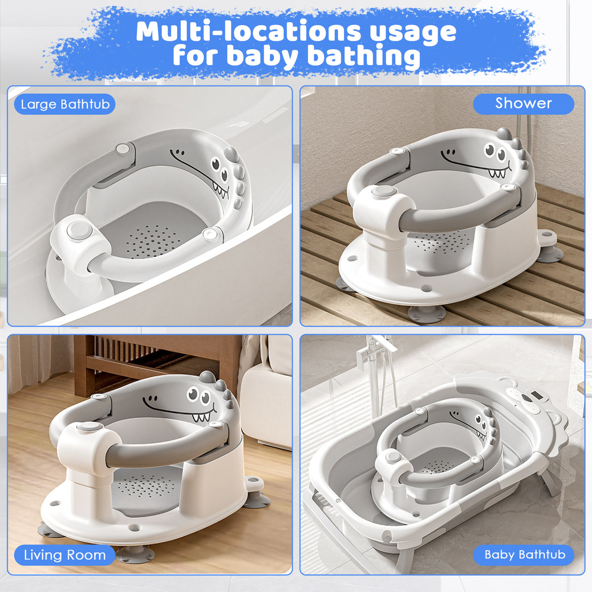Dinosaur Infant Bath Chair with Soft Cushion and Suction Cups, Non-Slip Baby Bath Seat for Independently Sitting Babies 6 Months and Up with Adult Supervision
