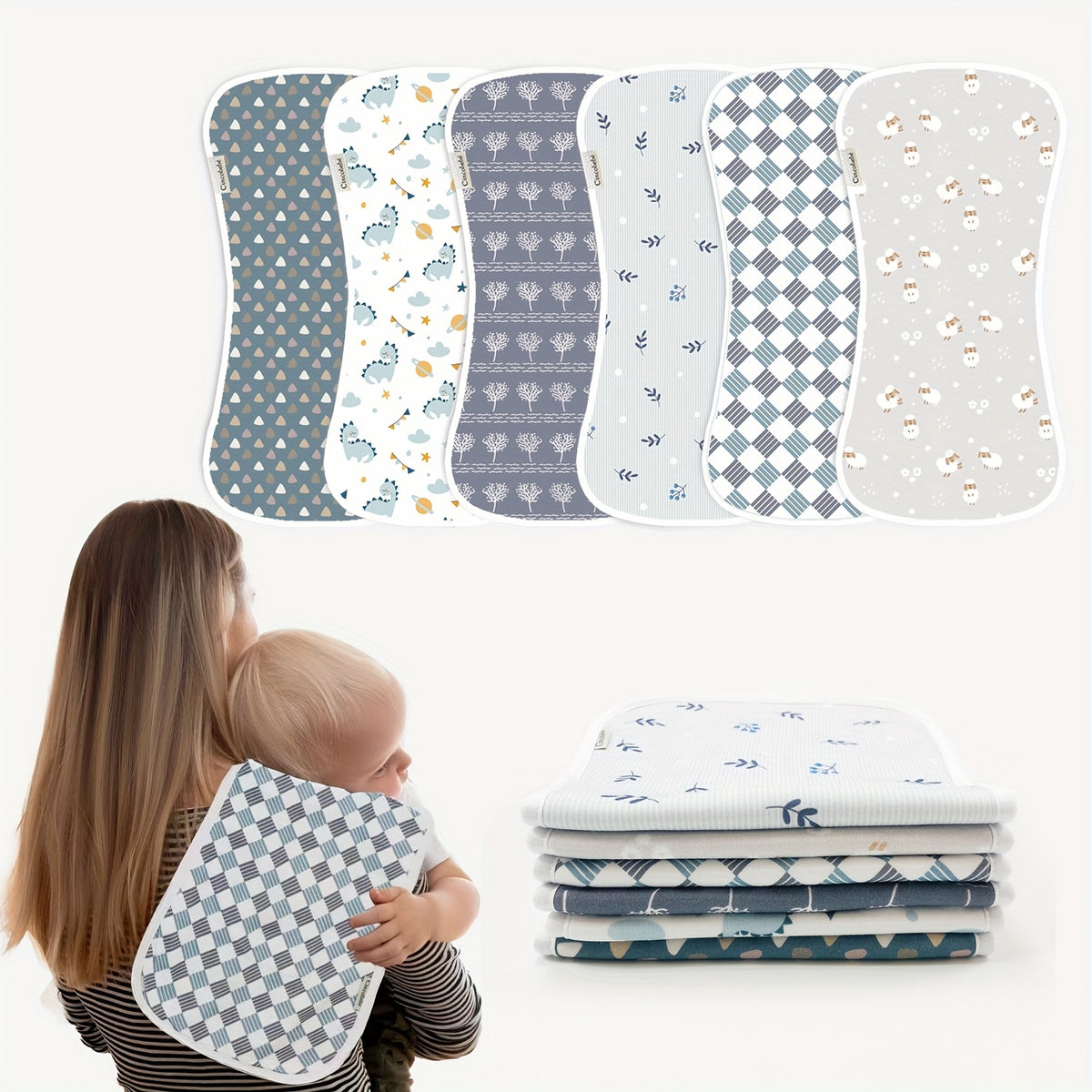 Newborn Burp Cloths 6-Pack, Soft Breathable Contoured Spit-Up Cloth Set with Cartoon Prints for Baby Boys and Girls and Everyday Feeding