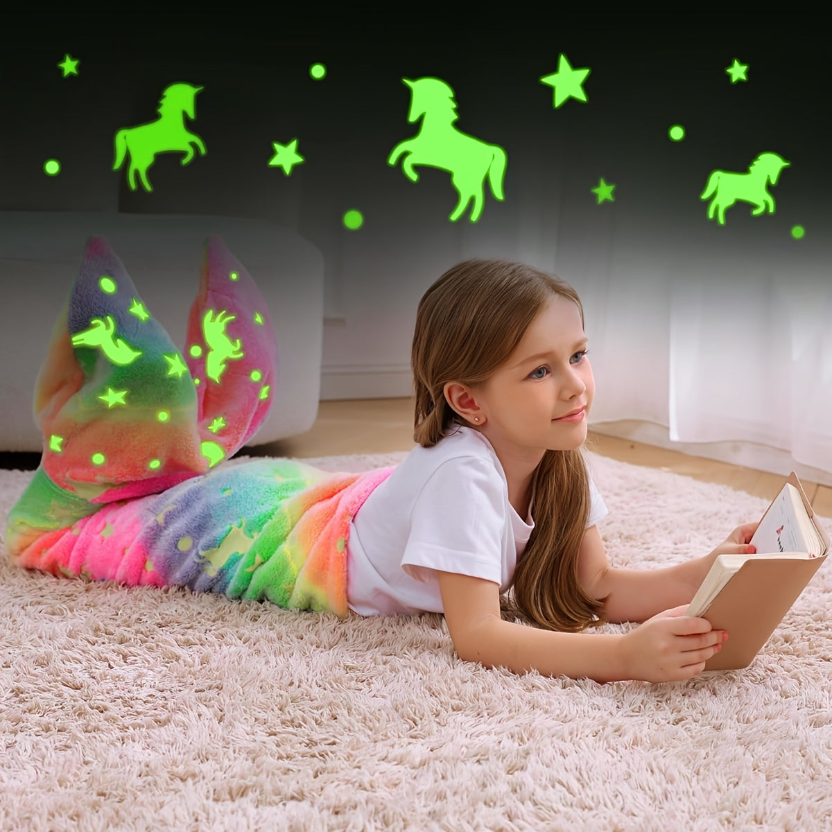 Mermaid Tail Blanket for Girls, Soft Polyester Knit Fish Tail Throw with Colorful Tie-Dye Unicorn-Inspired Design for Cozy Reading and Gift Giving
