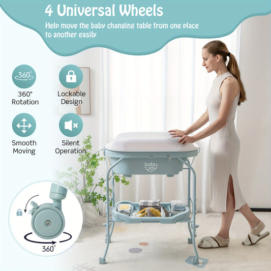 Folding Baby Changing Table with Bathtub and Wheels, Portable Diaper Station and Storage Shelf for Infants 0-12 Months, Space-Saving Rolling Nursery Cart with Weight Capacity, Blue