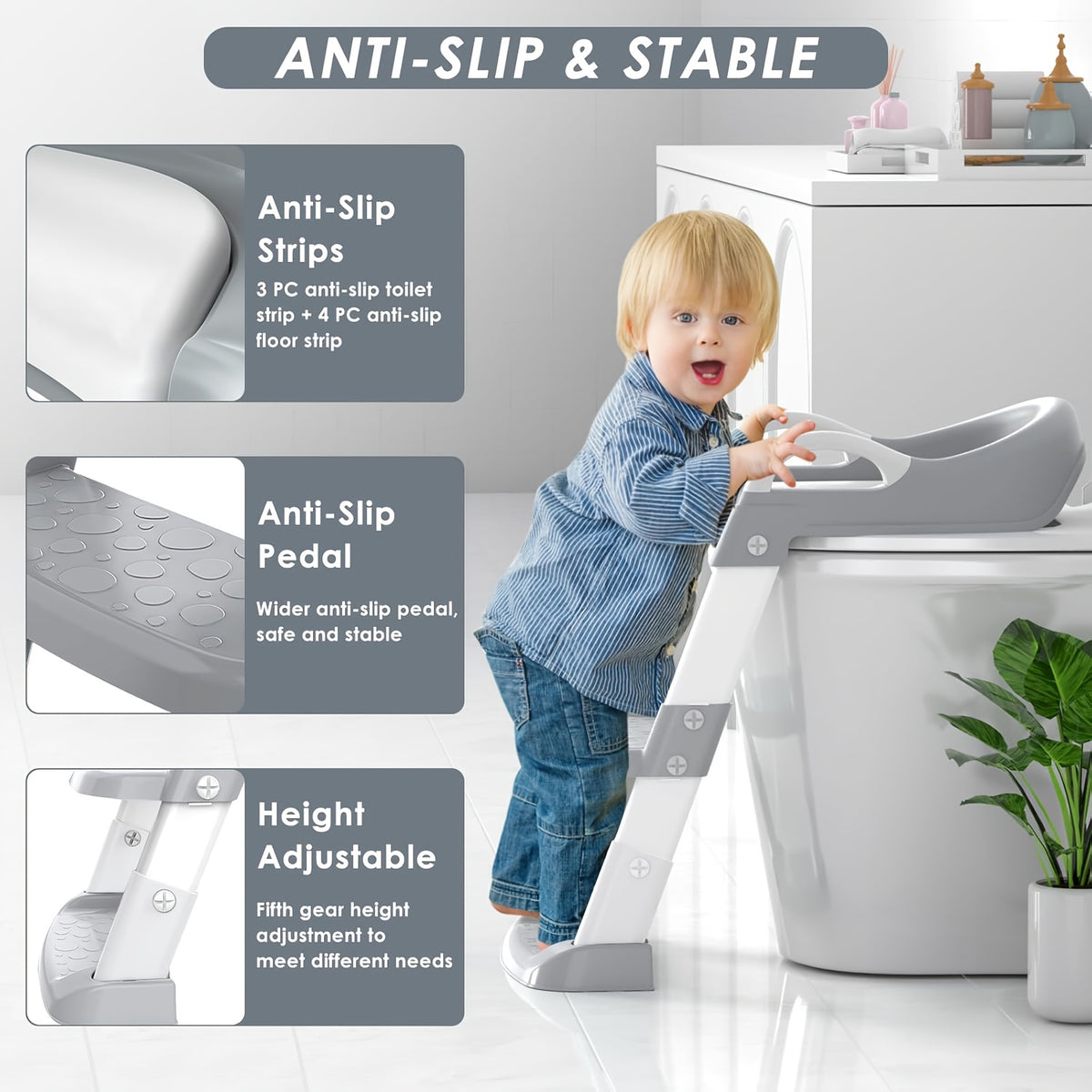 Toddler Potty Seat with Safety Harness, 3-in-1 Foldable Portable Toilet Trainer and Adjustable Step Stool for Boys and Girls