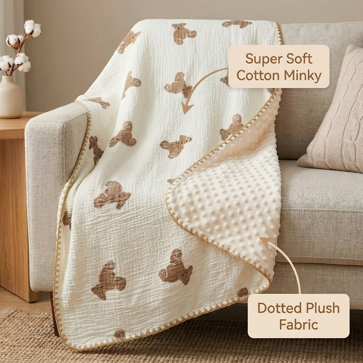 Double-Layer Baby Blanket with Cotton Gauze and Minky Dot Backing, 39.37 x 39.37 Inch Newborn Wrap in Bear, Rabbit and Dinosaur Prints