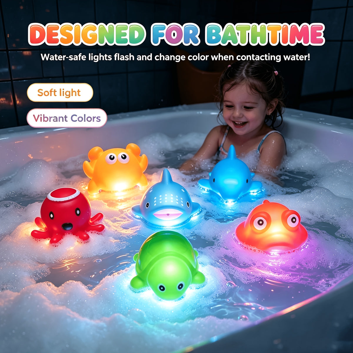 Light Up Sea Animal Bath Toys, 2-Piece No-Hole Floating Bathtub Toy Set with Colorful Glitter for Kids' Bath Time, Random Colors