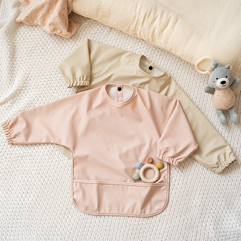 Sleeved Baby Bib with Food Pocket, Wipeable Long Sleeve Feeding Smock with Snap Closure for Babies and Toddlers 6-36 Months at Mealtimes