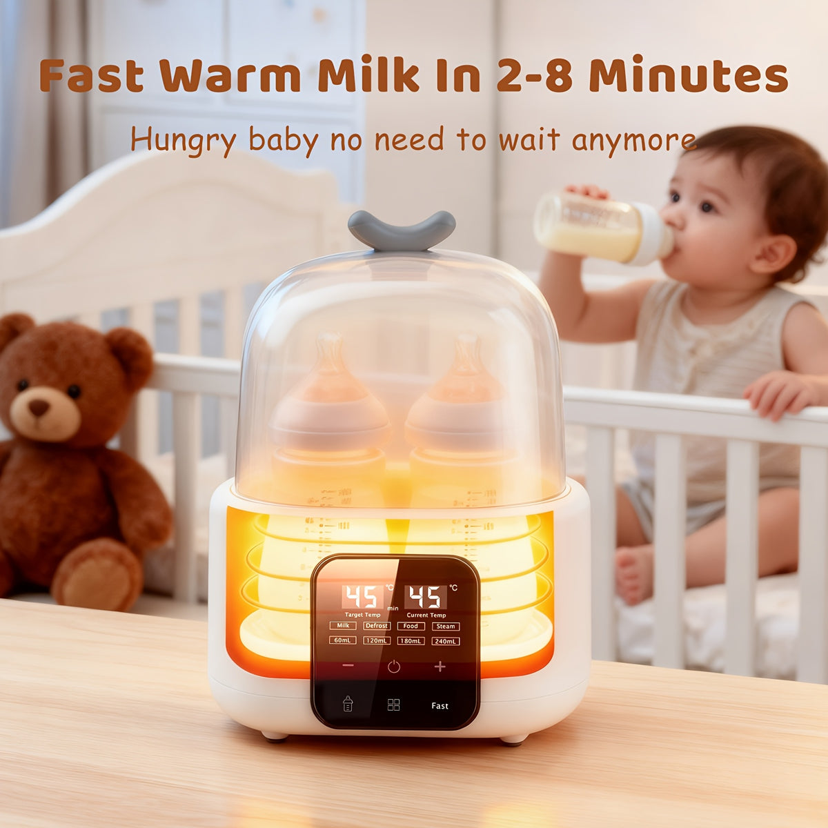 Digital Baby Bottle Warmer 6-in-1 with Timer and Adjustable Temperature, White Countertop Milk Heater with Defrost, Keep Warm and Food Jar Warming