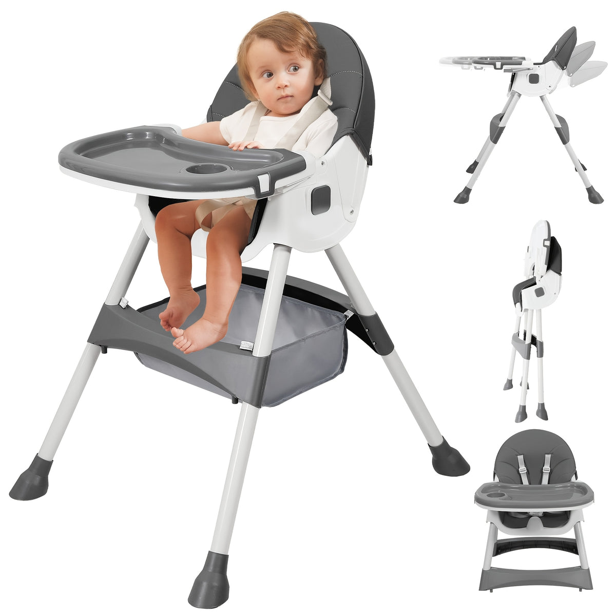 7-in-1 Convertible High Chair by Aprpink, Adjustable Folding Baby Feeding Seat with Dual-Layer Tray, Wipeable PU Cushion and 5-Point Harness