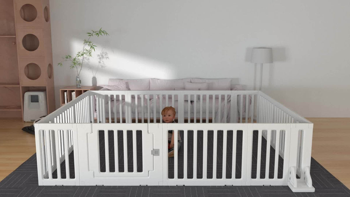 Modular Baby Playpen Fence with Gate, 2-in-1 Adjustable-Shape White Panel Play Yard for Supervised Indoor or Outdoor Kids Activities