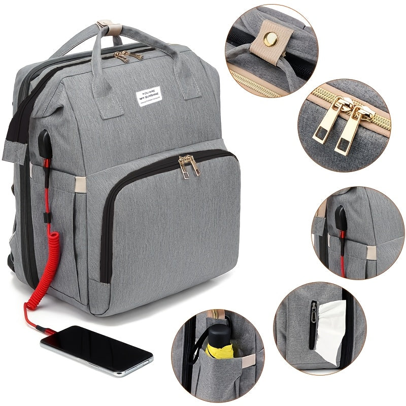 Expandable Baby Bed Diaper Backpack with Insulated Bottle Compartment, Multi-Pocket Large Capacity Changing Bag for Moms and Dads