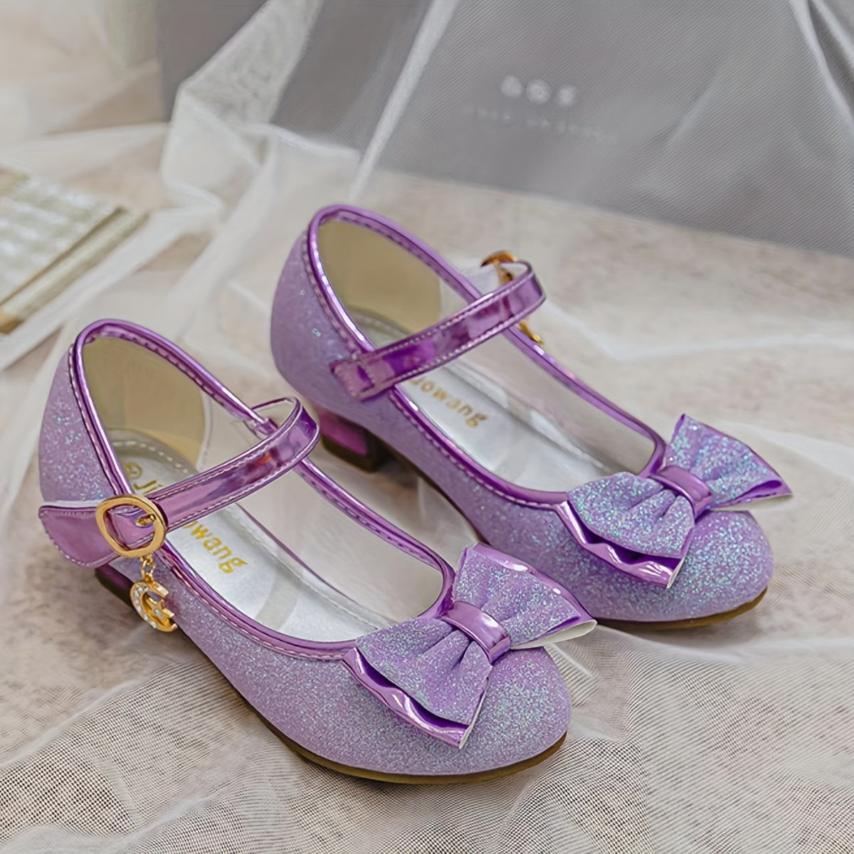 Girls Low Heel Mary Jane Shoes with Bow and Flower Details, Round-Toe Cushioned Dress Shoes in Blue or Purple for Toddler to Big Kid Parties and Weddings