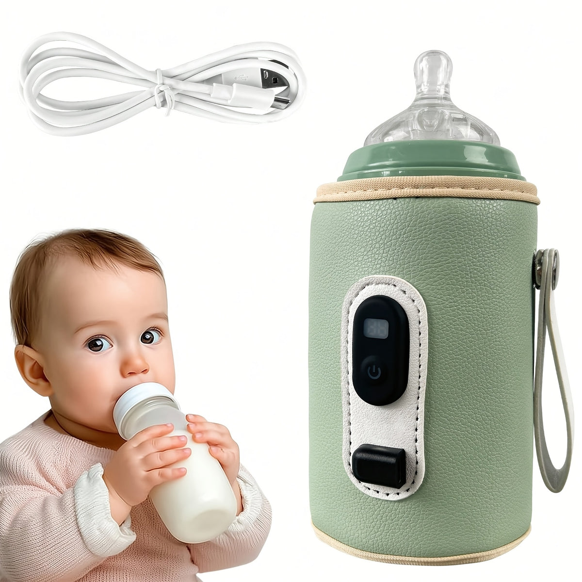 USB Bottle Warmer Sleeve with Digital Temperature Display, Cochildor Milk Warming Cover for Compatible Breastmilk and Formula Bottles in Green or Pink