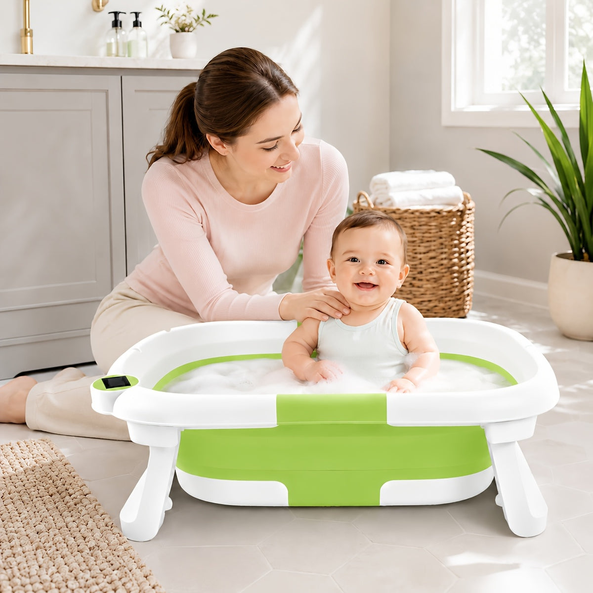 Baby Bathtub with Thermometer and Soft Cushion, Collapsible Infant-to-Toddler Bath Tub for 0 to 36 Months with Easy-Grip Handles in Five Colors