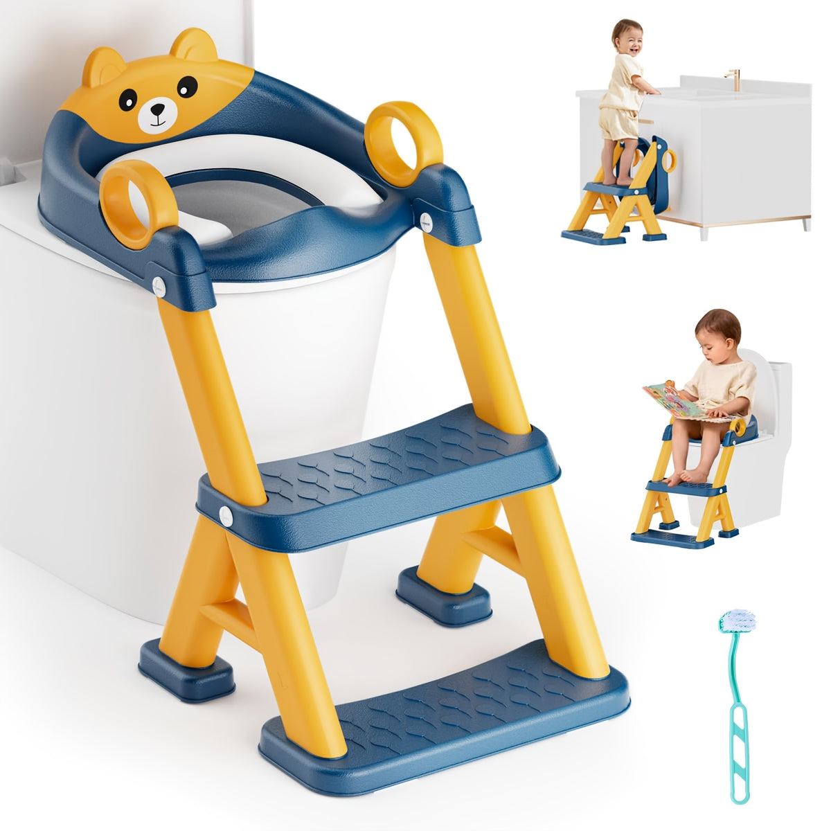 Toddler Potty Training Seat with Non-Slip Step Stool, 2-in-1 Toilet Seat for Boys and Girls with PVC Mat and Cleaning Brush, Blue Pink or Gray