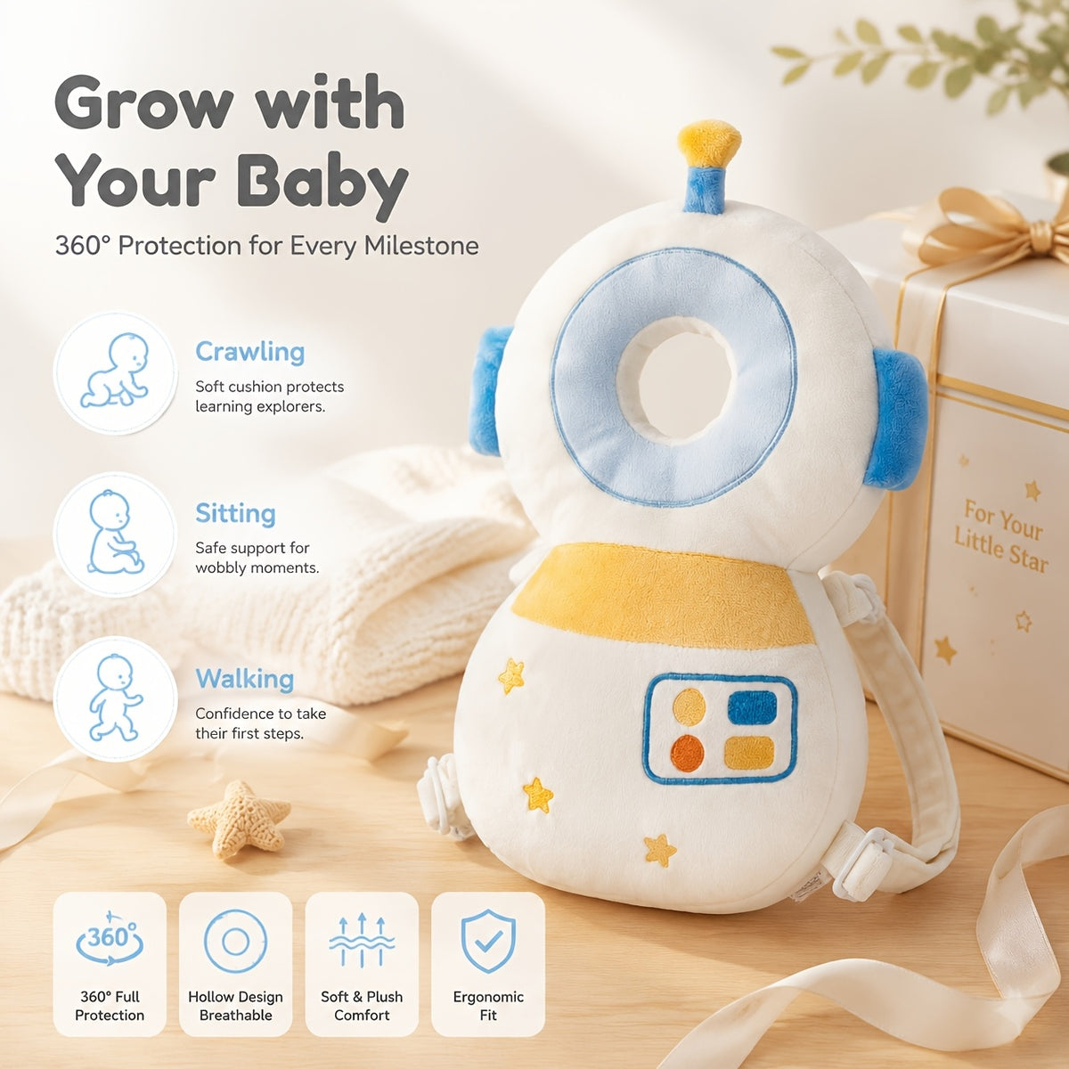 Infant Anti-Fall Cushion Backpack with Astronaut Plush Design, Adjustable Straps and Soft PP Cotton Padding for Crawling and First Steps