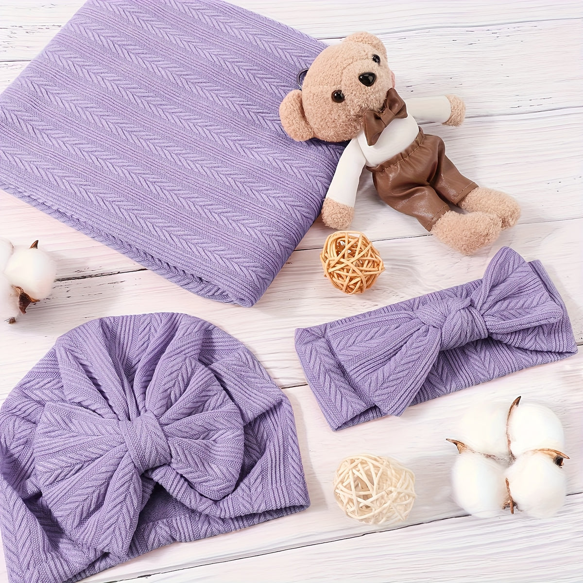 Baby Swaddle Blanket Gift Set with Matching Hat and Bow Headband, 3-Piece Newborn Wrap Accessories for Girls and Boys in Four-Season Colors