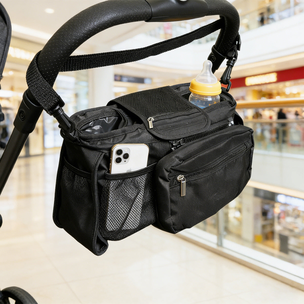 Stroller Console Bag with Dual Cup Holders, Black Hanging Organizer with Detachable Wristlet Phone Pouch and Adjustable Shoulder Strap