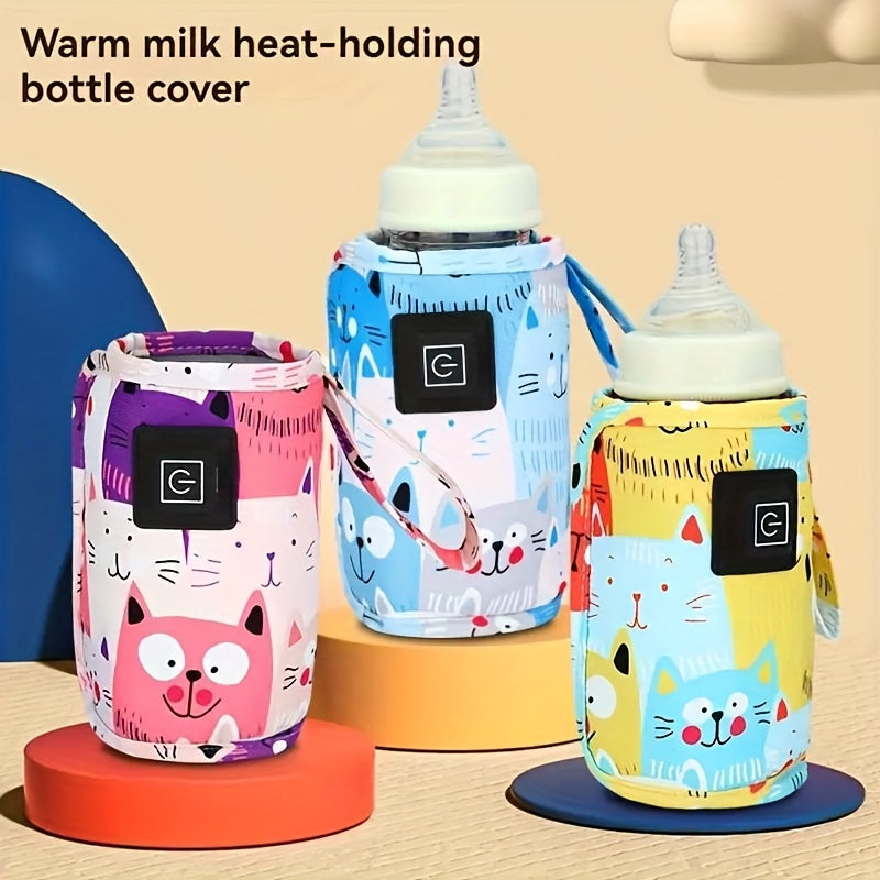Travel Bottle Warming Cover with 3 Temperature Settings, USB-Powered Portable Baby Milk Warmer Sleeve with Colorful Cat Prints