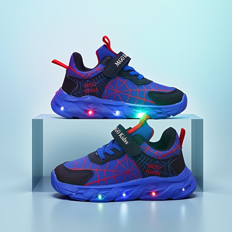 Boys LED Light-Up Mesh Sneakers with Spider-Inspired Design, Red Blue or Black Casual Running Shoes for Toddler, Little Kid and Big Kid Sizes