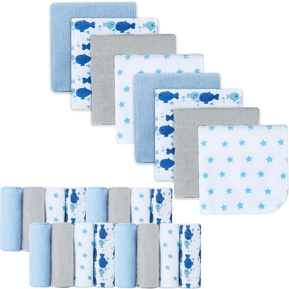 Soft Baby Washcloths 24-Pack, 9 x 9 Inch Absorbent Face and Body Bath Cloths with Whale, Elephant and Dinosaur Style Options for Everyday Care