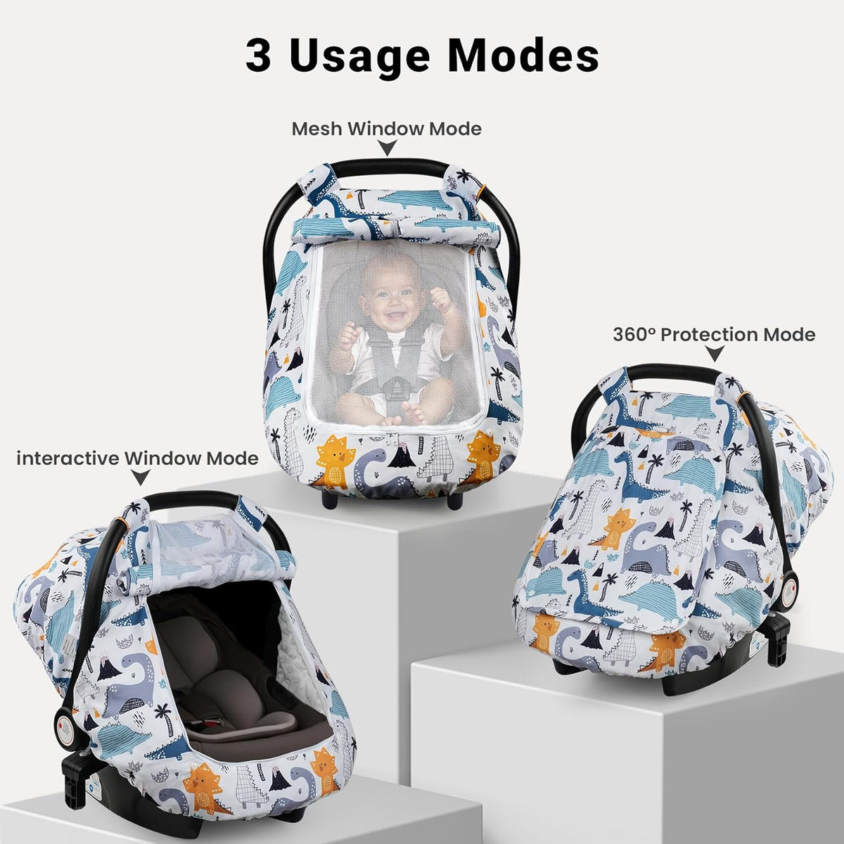 Blue Dinosaur Baby Car Seat Canopy Cover, Lightweight Infant Carrier Shade with Two-Layer Mesh Windows for Supervised Stroller Outings and Travel