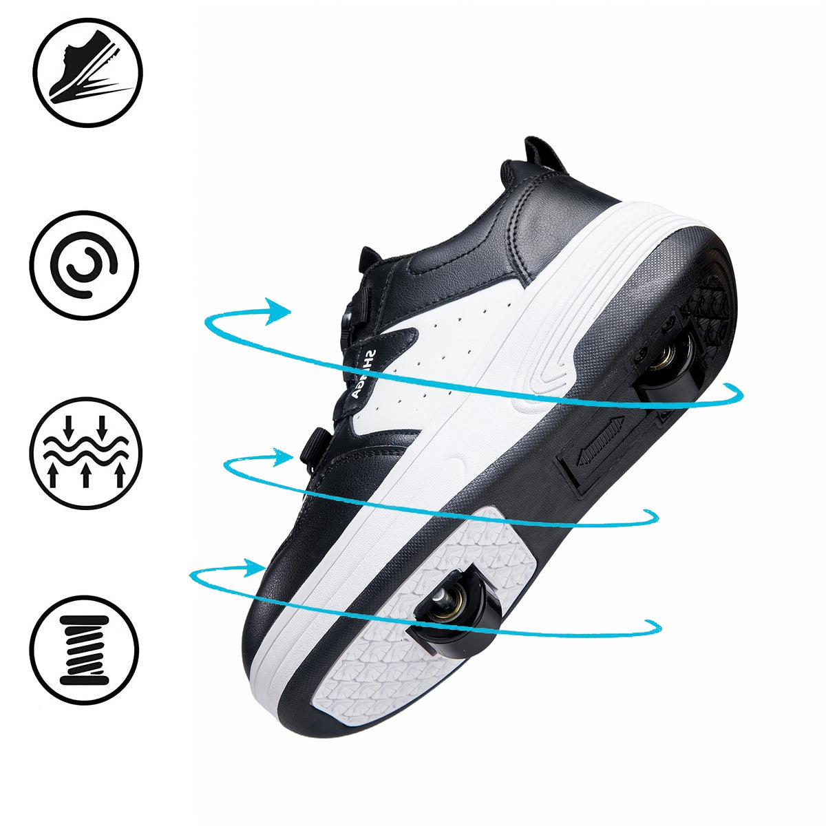 Boys Mesh Roller Sneakers with Removable Wheels, Black Low-Top Skate Shoes with TPR Insole and 2-Wheel or 4-Wheel Options for Outdoor Play