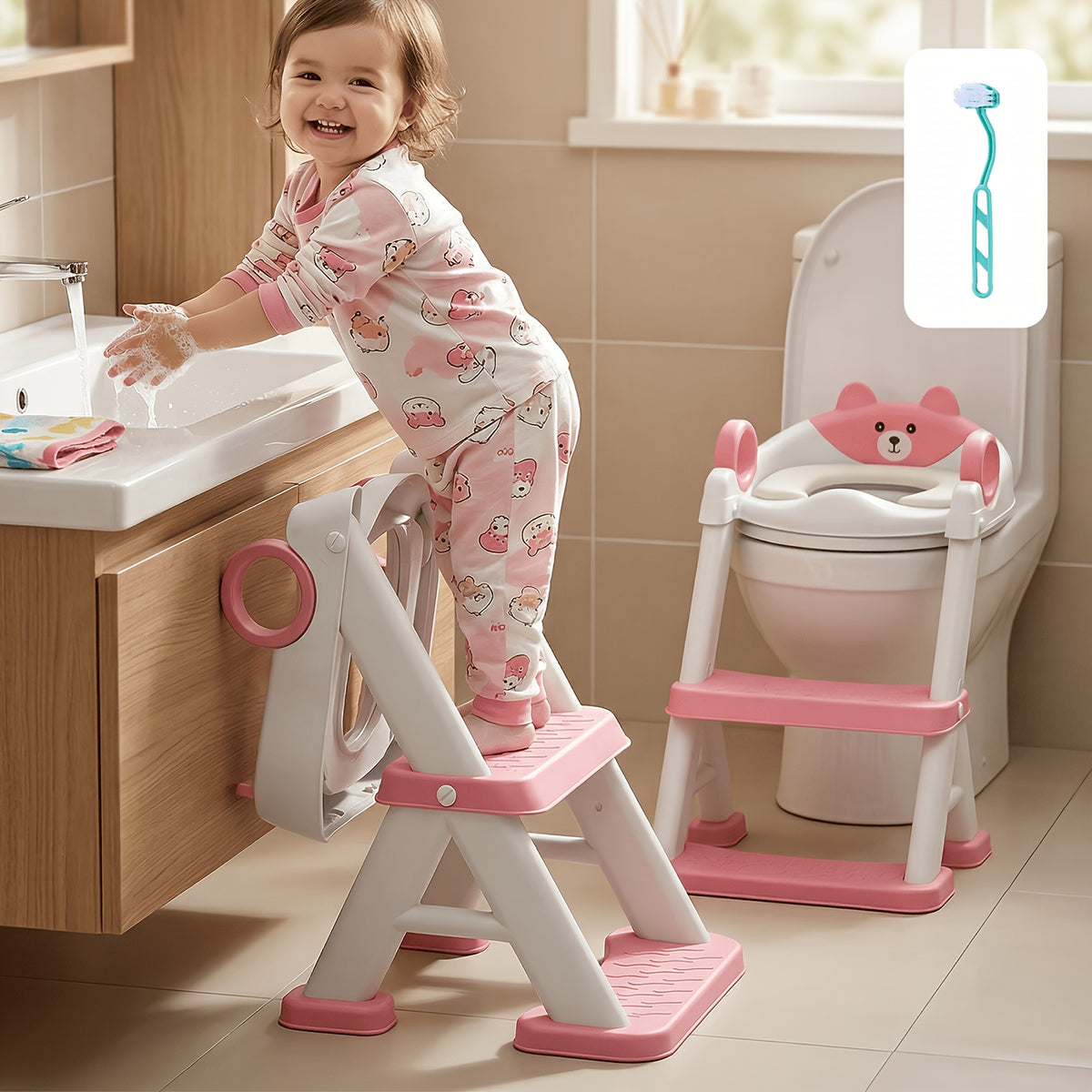 Toddler Toilet Seat with Steps, 2-in-1 Potty Training Seat with Splash Guard, Non-Slip Step Stool and Soft Mat for Boys and Girls, Cleaning Brush Included