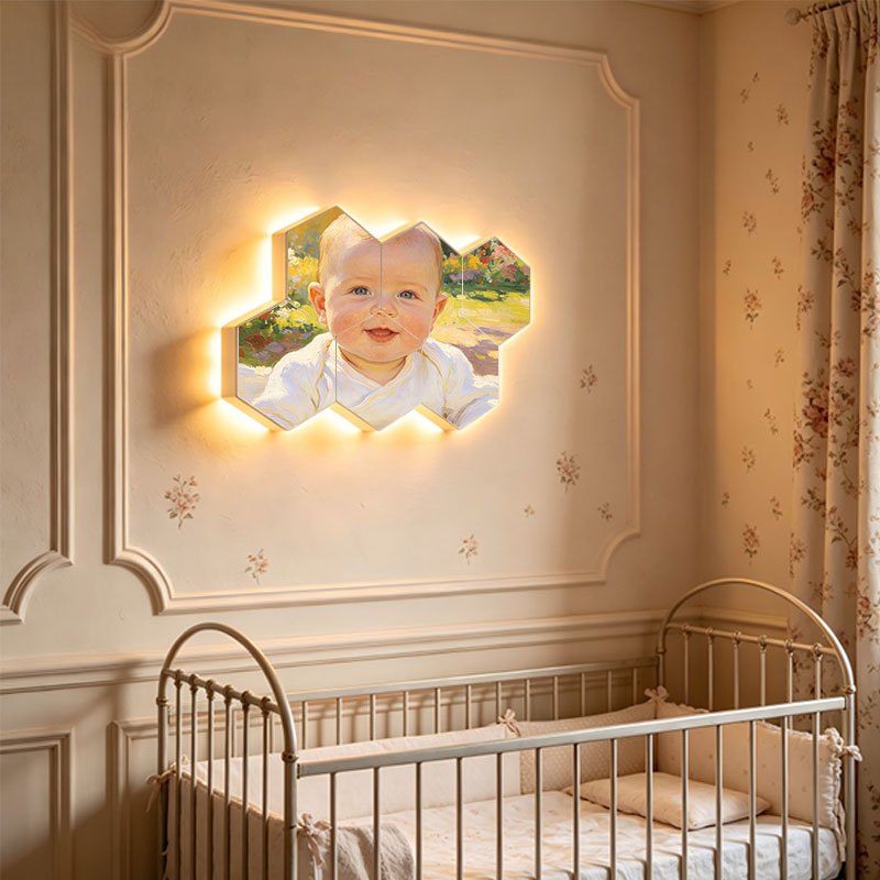 Hexagon Nursery Photo Wall Frames with Touch-Activated Lighting, Customizable Modular Picture Display for Baby Growth Memories and First Birthday Decor