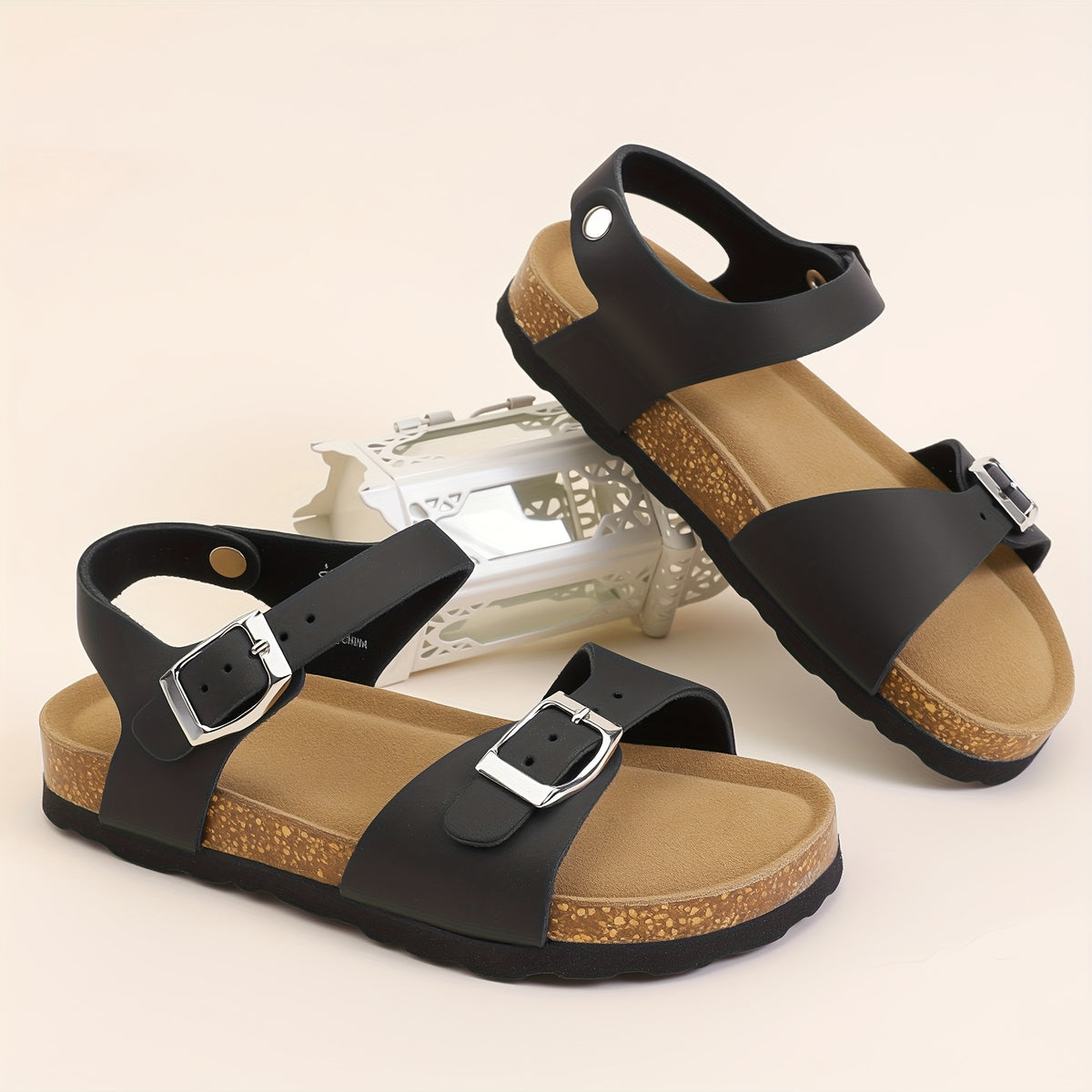 Kids Cork-Style Beach Sandals with Buckle, Lightweight Slip-On Summer Shoes in White, Black or Silvery Grey for Little Kids and Big Kids
