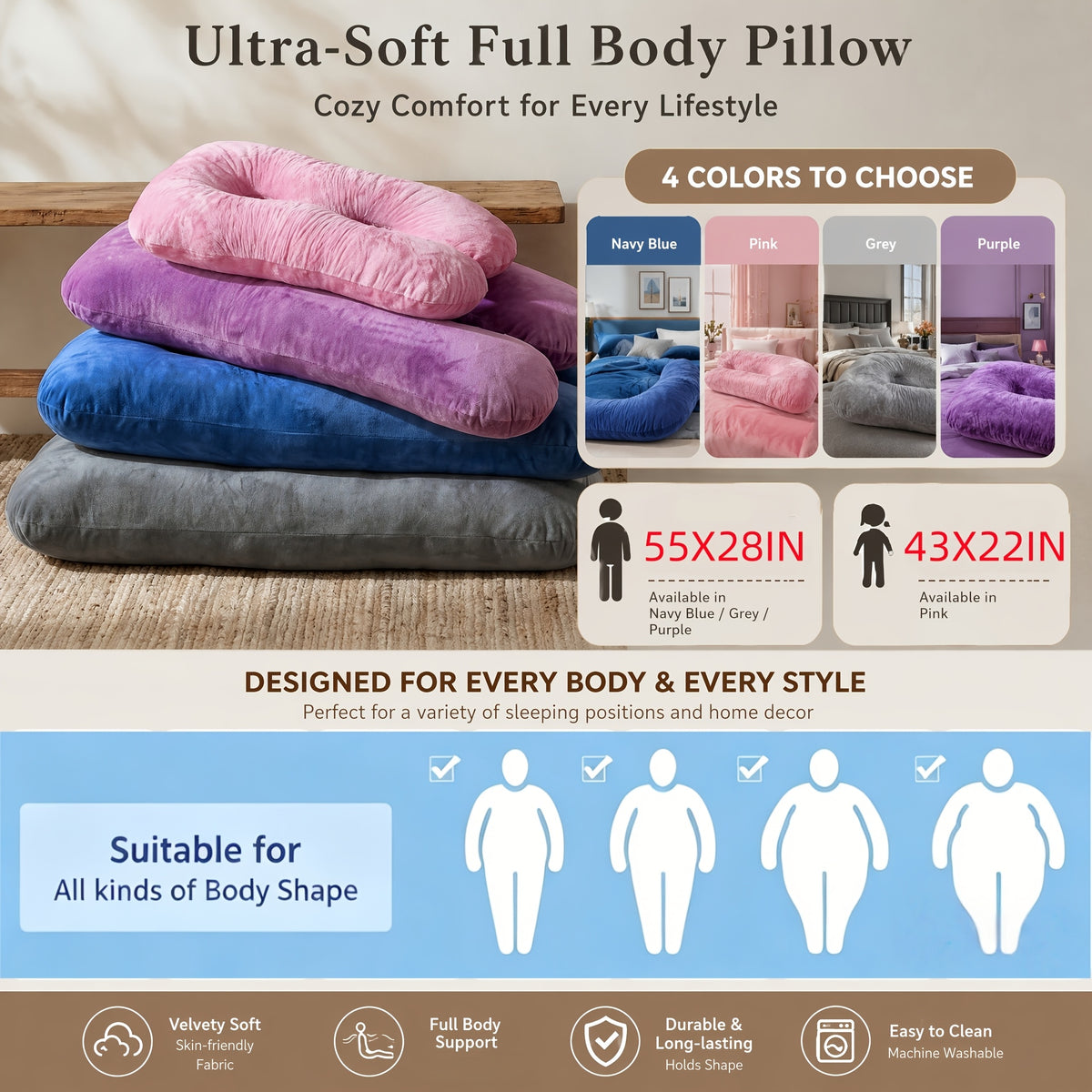Memory Foam Pregnancy Pillow, 55-Inch U-Shaped Full Body Maternity Cushion with Adjustable Fill and Washable Flannel Cover for Side Sleepers