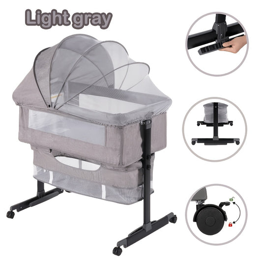 3-in-1 Mesh Bedside Sleeper Bassinet for Baby, Adjustable Infant Crib with Wheels and Storage Basket, 16 lb Frame and 33 lb Listed Infant Weight Limit