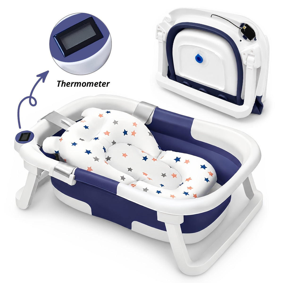 Baby Bathtub with Thermometer and Soft Cushion, Collapsible Infant-to-Toddler Bath Tub for 0 to 36 Months with Easy-Grip Handles in Five Colors