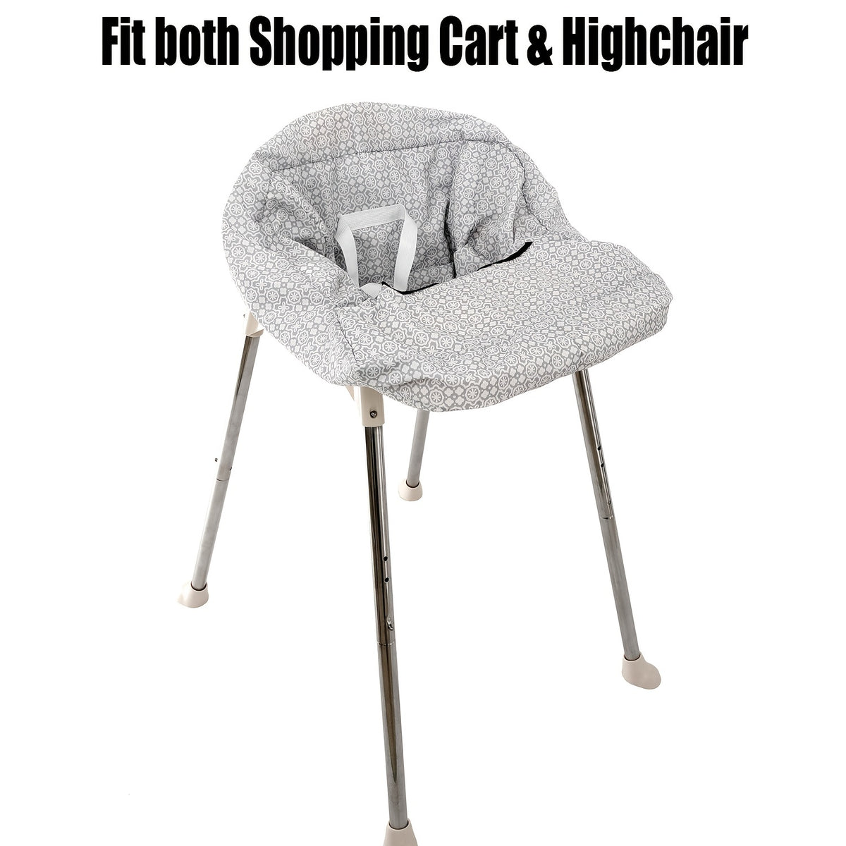 Padded Baby High Chair and Shopping Cart Seat Cover, Machine-Washable Portable Cushion with Attached Storage Bag in Grey Flower or Blue Owl