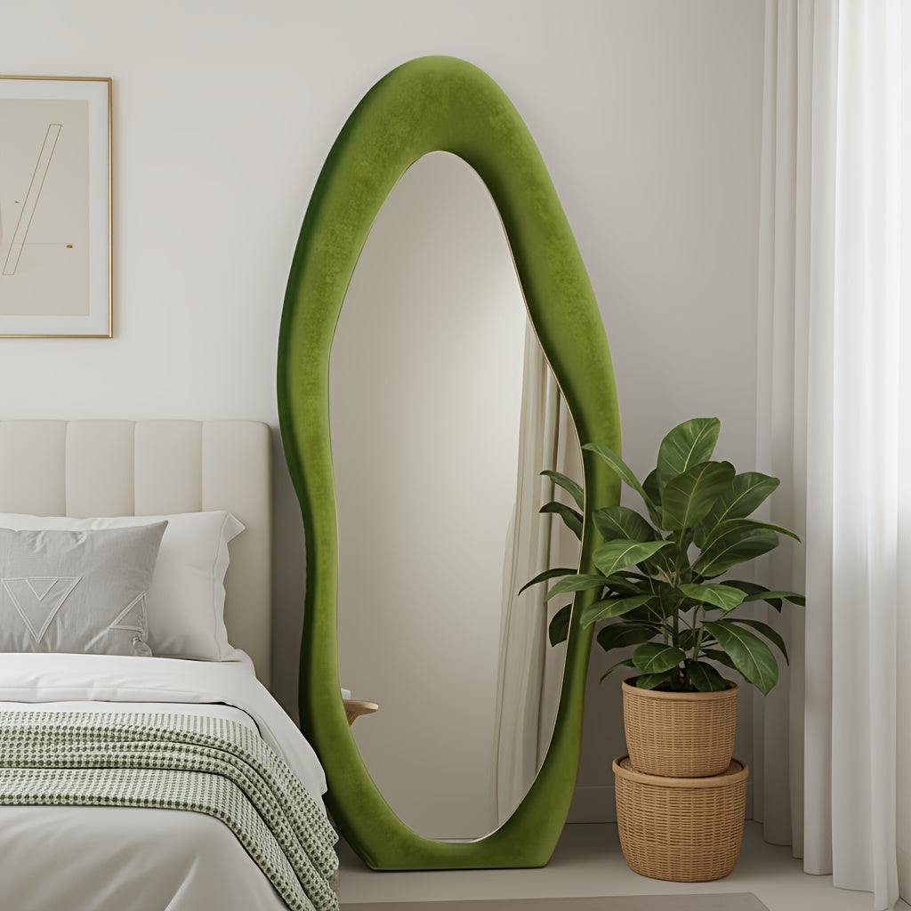 Full Length Mirror with Irregular Velvet Frame and Rounded Corners, Decorative Floor Mirror for Kids Room or Nursery in Six Colors