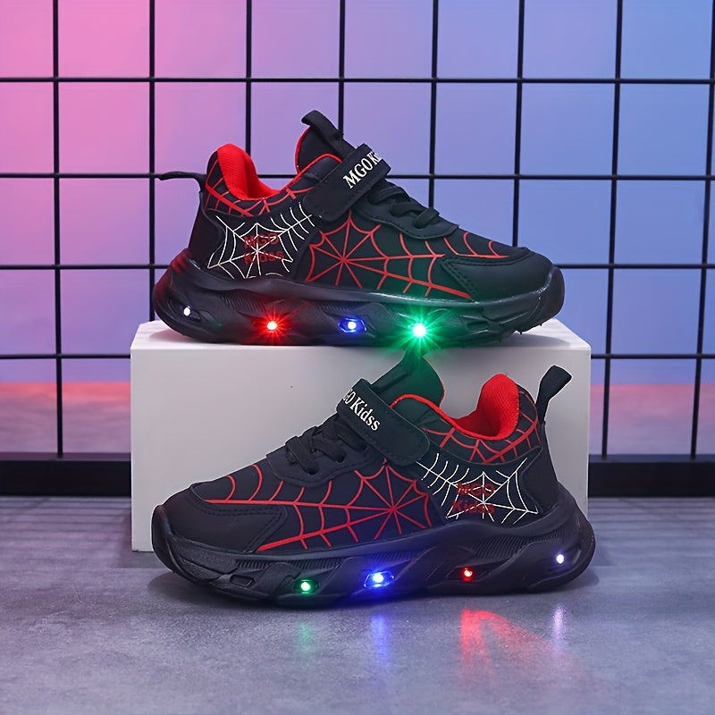 Boys LED Light-Up Mesh Sneakers with Spider-Inspired Design, Red Blue or Black Casual Running Shoes for Toddler, Little Kid and Big Kid Sizes