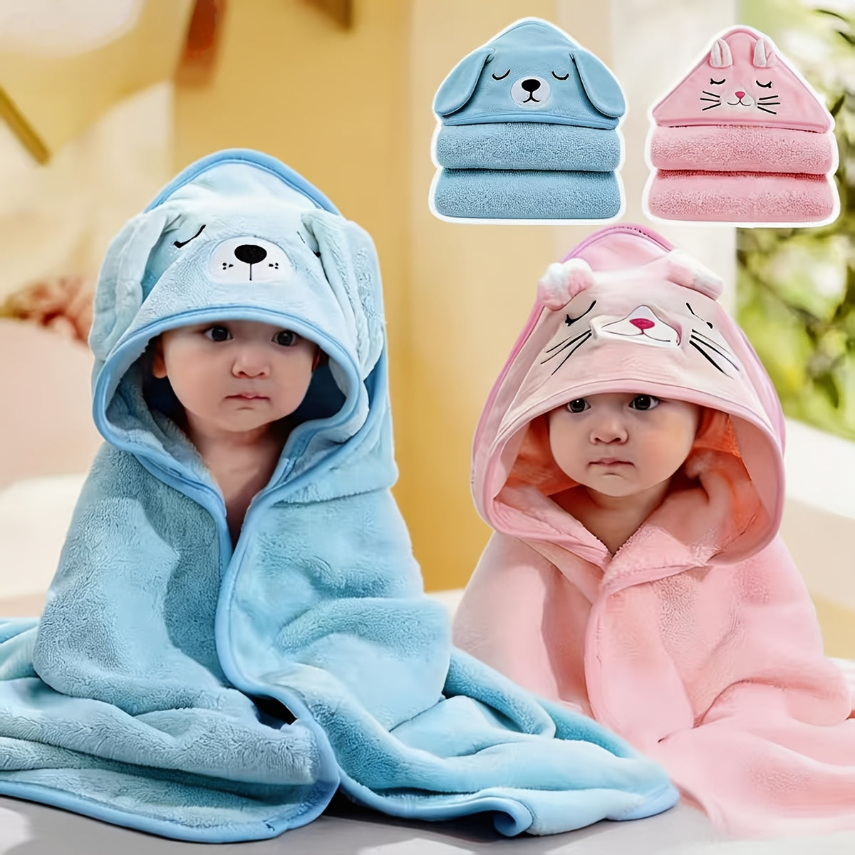 Baby Bath Towels and Swaddle Wraps for Newborns and Toddlers, Soft Absorbent Dual-Purpose Printed Towels in Two-Piece Color Sets