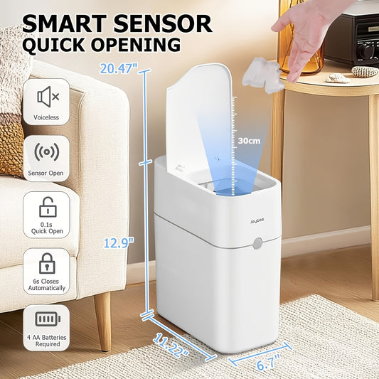 Slim Bathroom Trash Can 2.4 Gallon with Touchless Motion Sensor Lid and Automatic Bag-Fitting Fan, Narrow Waste Bin for Small Spaces