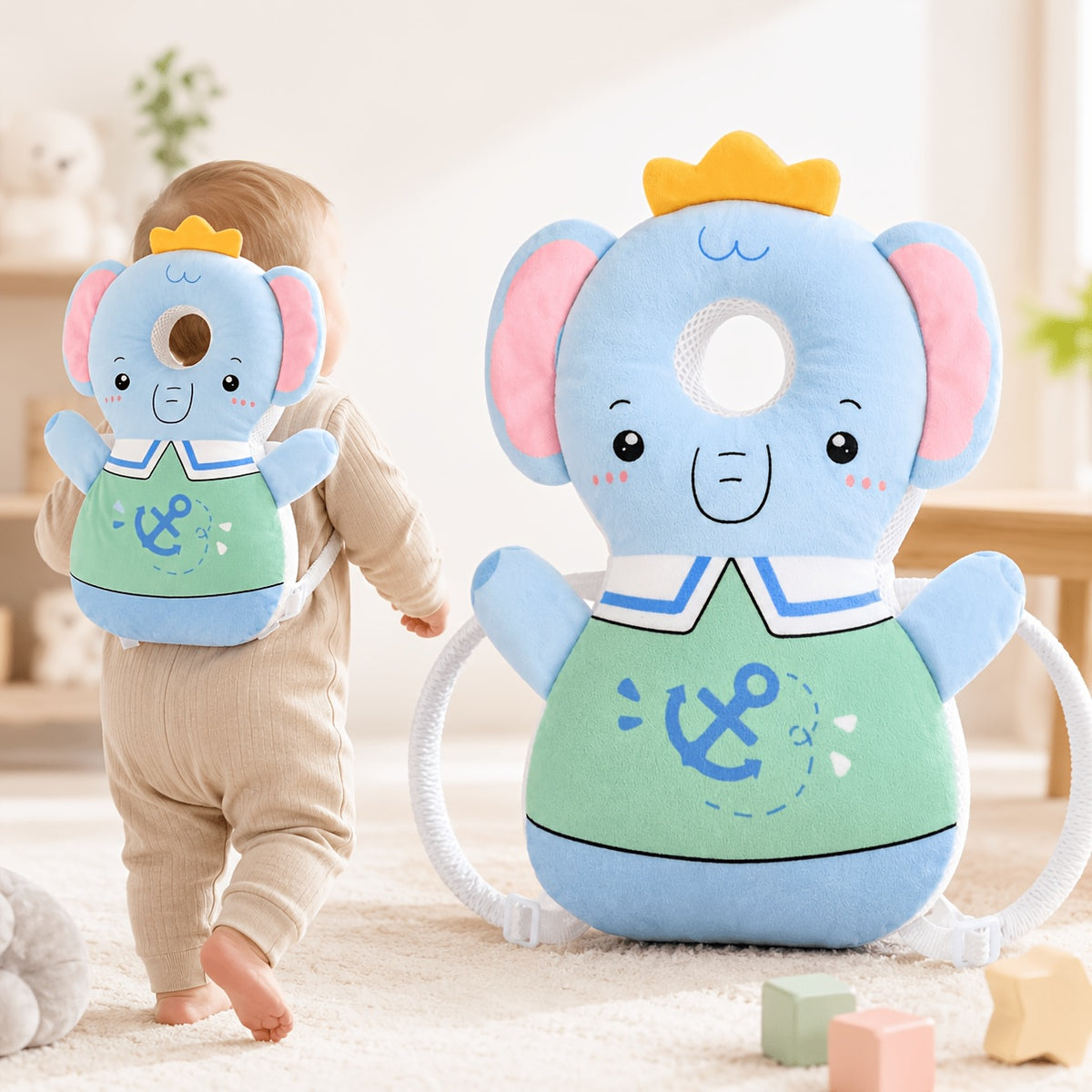 Toddler Plush Back Cushion Backpack with Adjustable Straps, Soft Cartoon Animal Wearable Pad for Crawling and Early Walking in Seven Animal Designs
