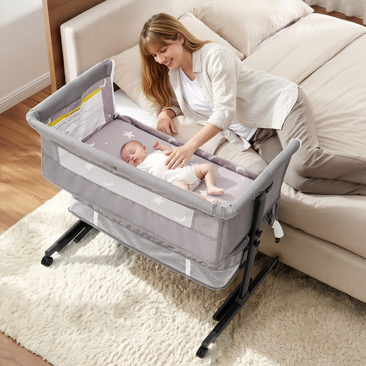 3-in-1 Mesh Bedside Sleeper Bassinet for Baby, Adjustable Infant Crib with Wheels and Storage Basket, 16 lb Frame and 33 lb Listed Infant Weight Limit