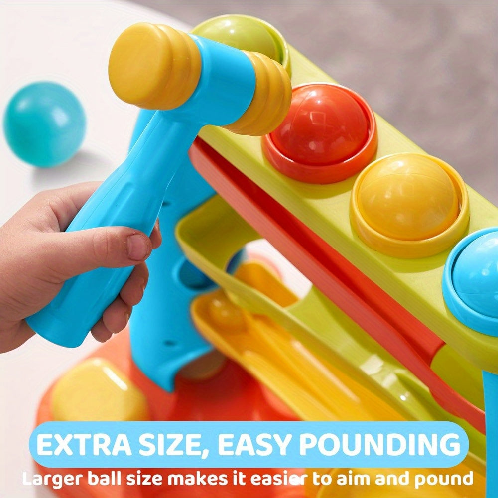 Toddler Ball Drop Toy with Hammer, Four-Tier Pounding and Rolling Track with 5 Colorful Balls for Cause-and-Effect Play, Ages 18 Months and Up