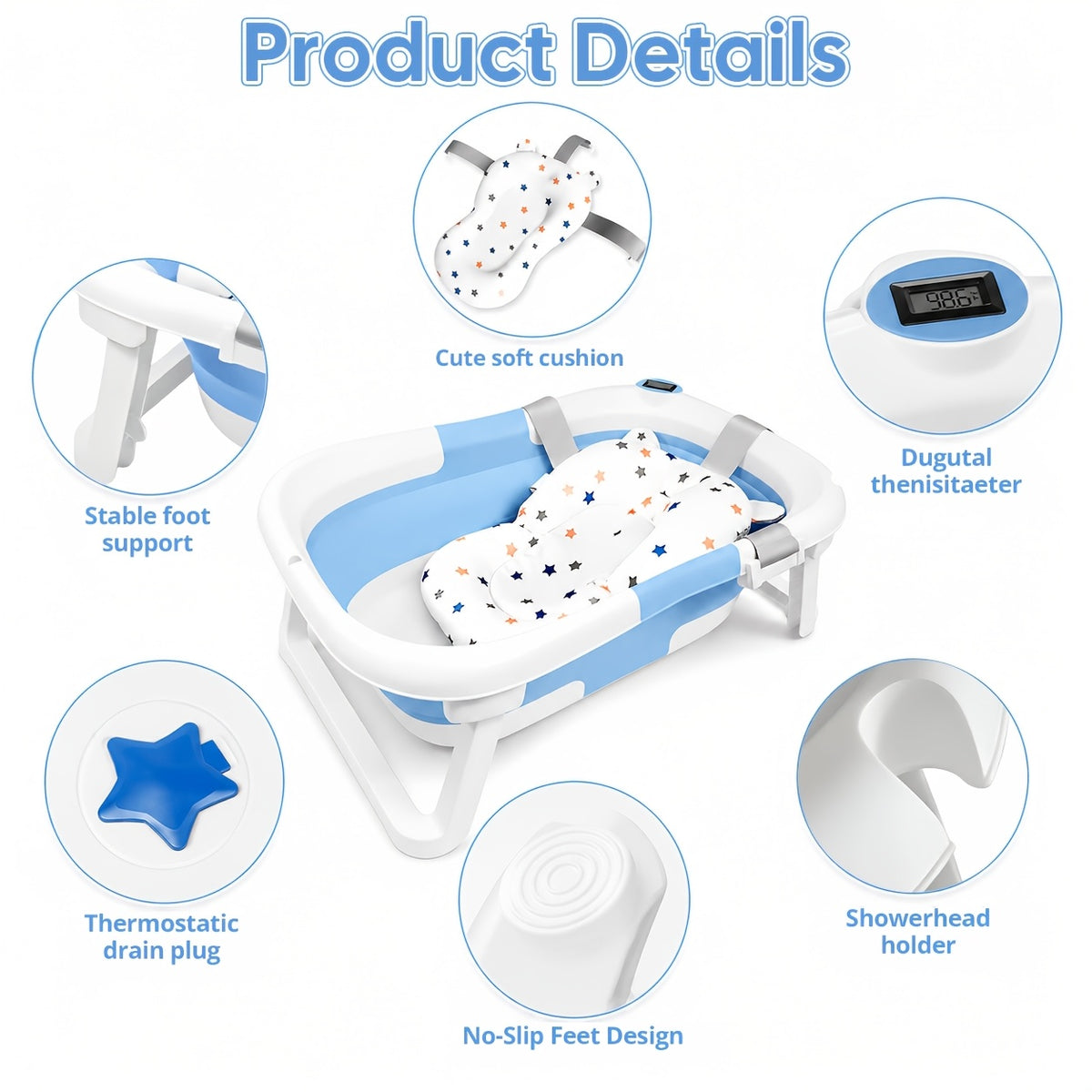 Space-Saving Baby Bath Tub with Soft Cushion and Thermometer, Foldable Portable Bathtub for Supervised Bath Time at Home and Travel