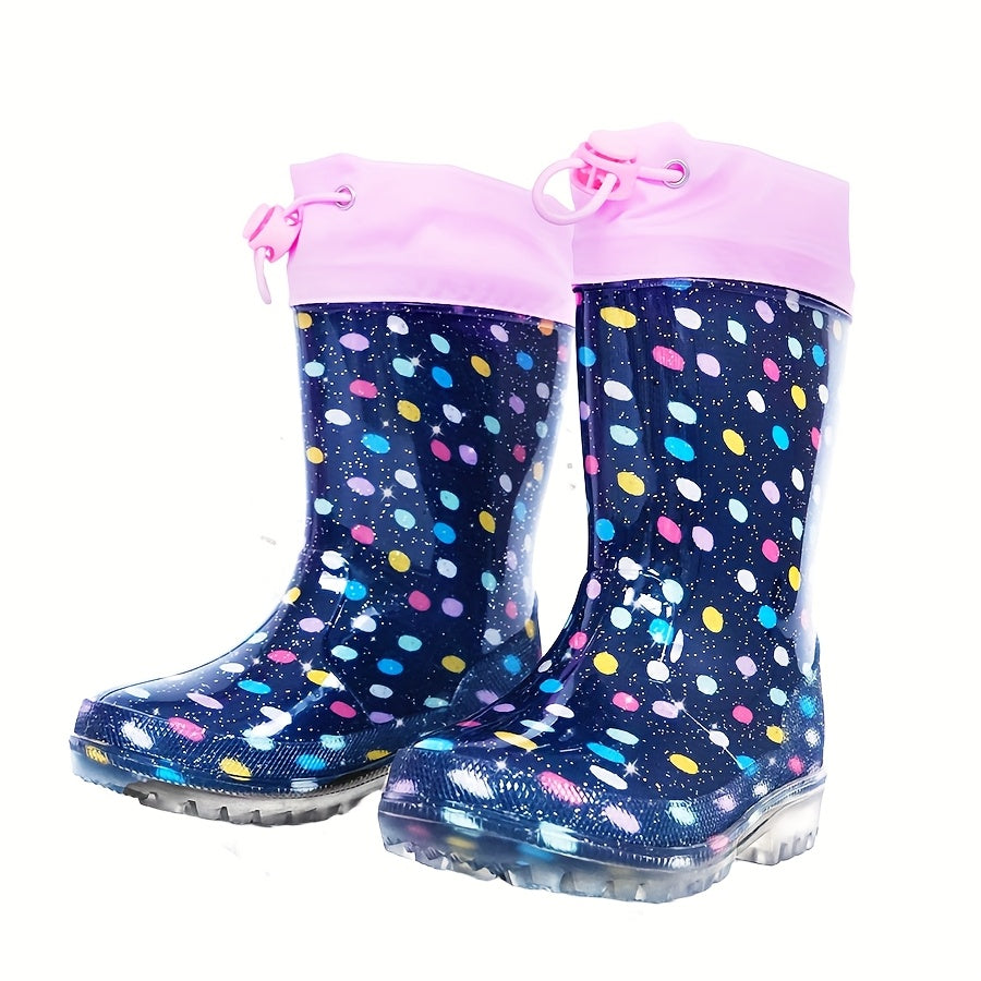 Kids Rain Boots in Cyan, PVC Short Ankle Boots with Polka Dot and Cartoon Prints, Easy-Clean Non-Slip Sole for Toddler and Little Kid Rainy-Day Outdoor Play