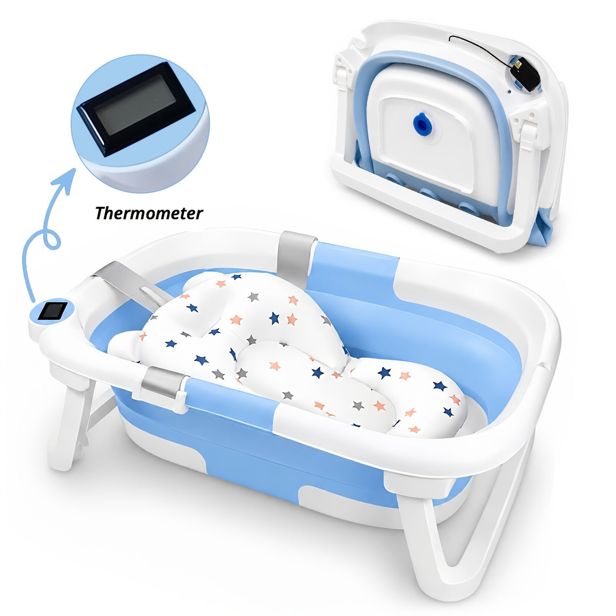 Space-Saving Baby Bath Tub with Soft Cushion and Thermometer, Foldable Portable Bathtub for Supervised Bath Time at Home and Travel