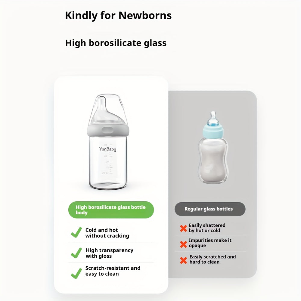Slow Flow Glass Baby Bottles by YunBaby, 180 mL White Feeding Bottles with Listed Natural Rubber Nipples, Newborn 0+ Label and 1–6 Pack Options