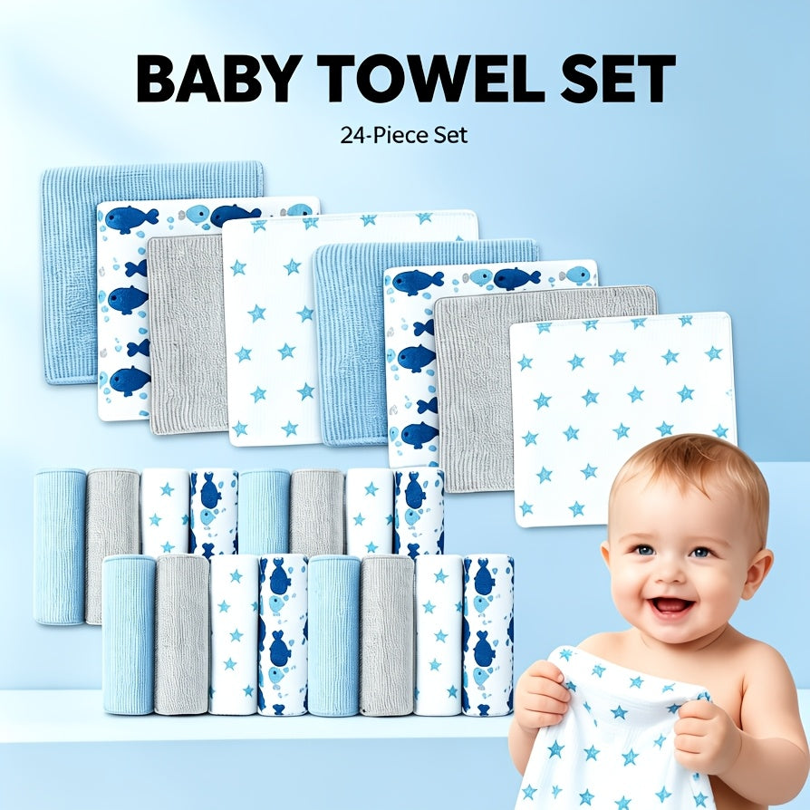 Soft Baby Washcloths 24-Pack, 9 x 9 Inch Absorbent Face and Body Bath Cloths with Whale, Elephant and Dinosaur Style Options for Everyday Care