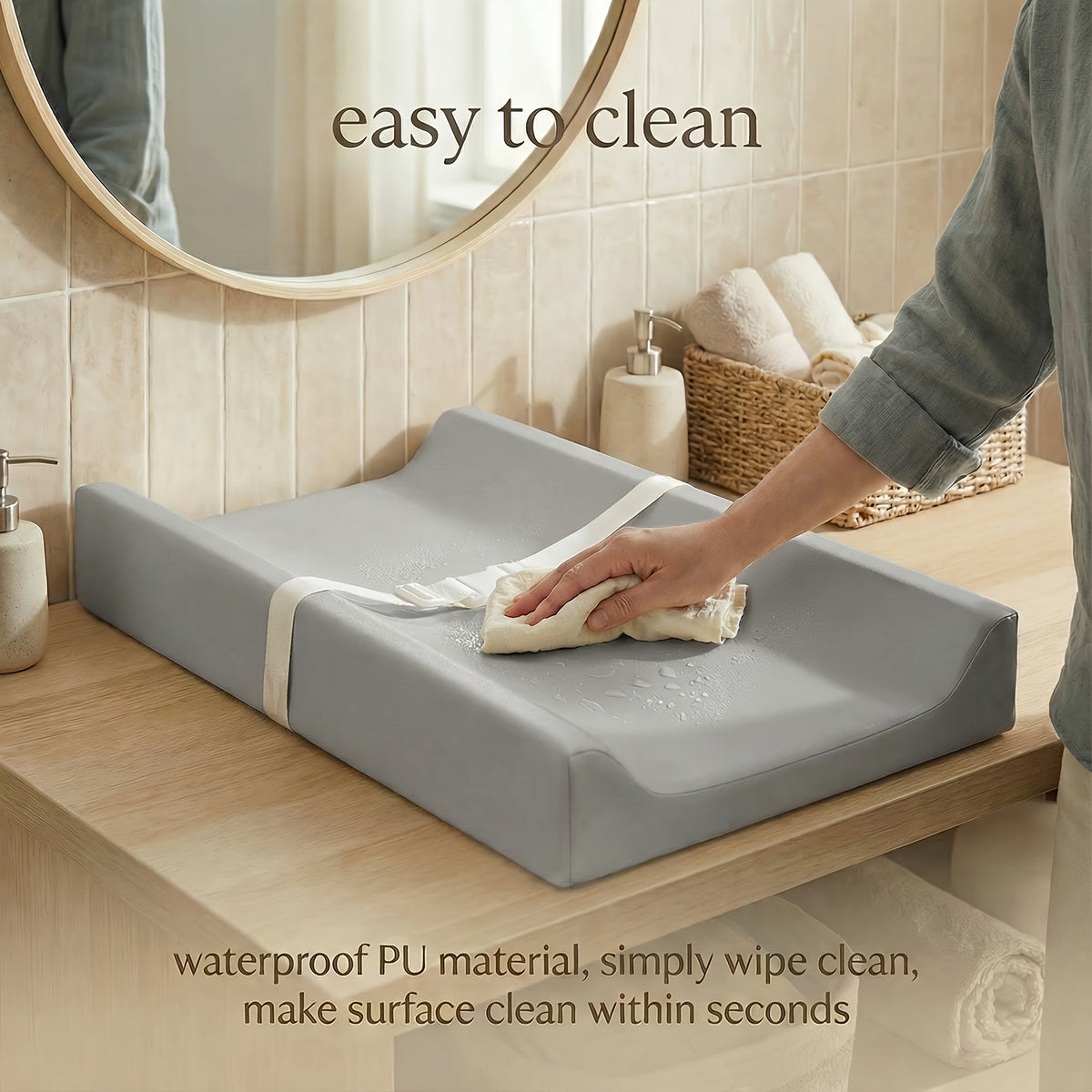 Contoured Dresser Changing Pad by PASAMIC, 15.74 x 31.1-Inch Waterproof Wipeable Baby Diaper Mat with Secure-Grip Design in Grey, Beige or Pink
