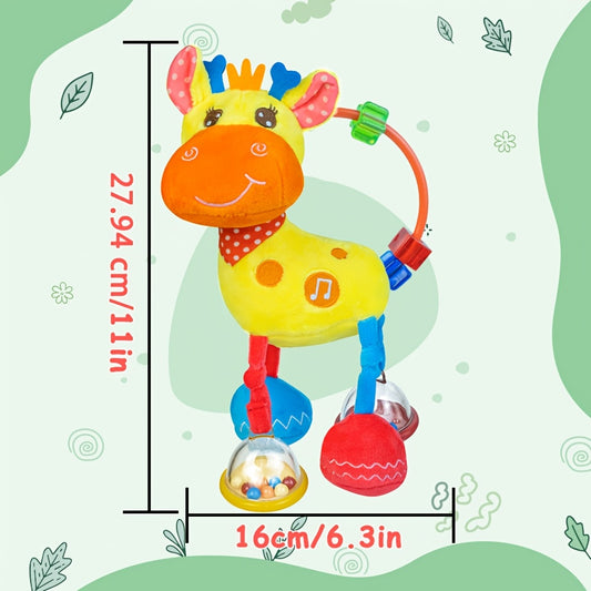 Baby Sensory Rattle Toy, Yellow Plush Deer with Crinkle Paper and Squeaker, Colorful Bead Ring and Dangling Rattles for Supervised Play
