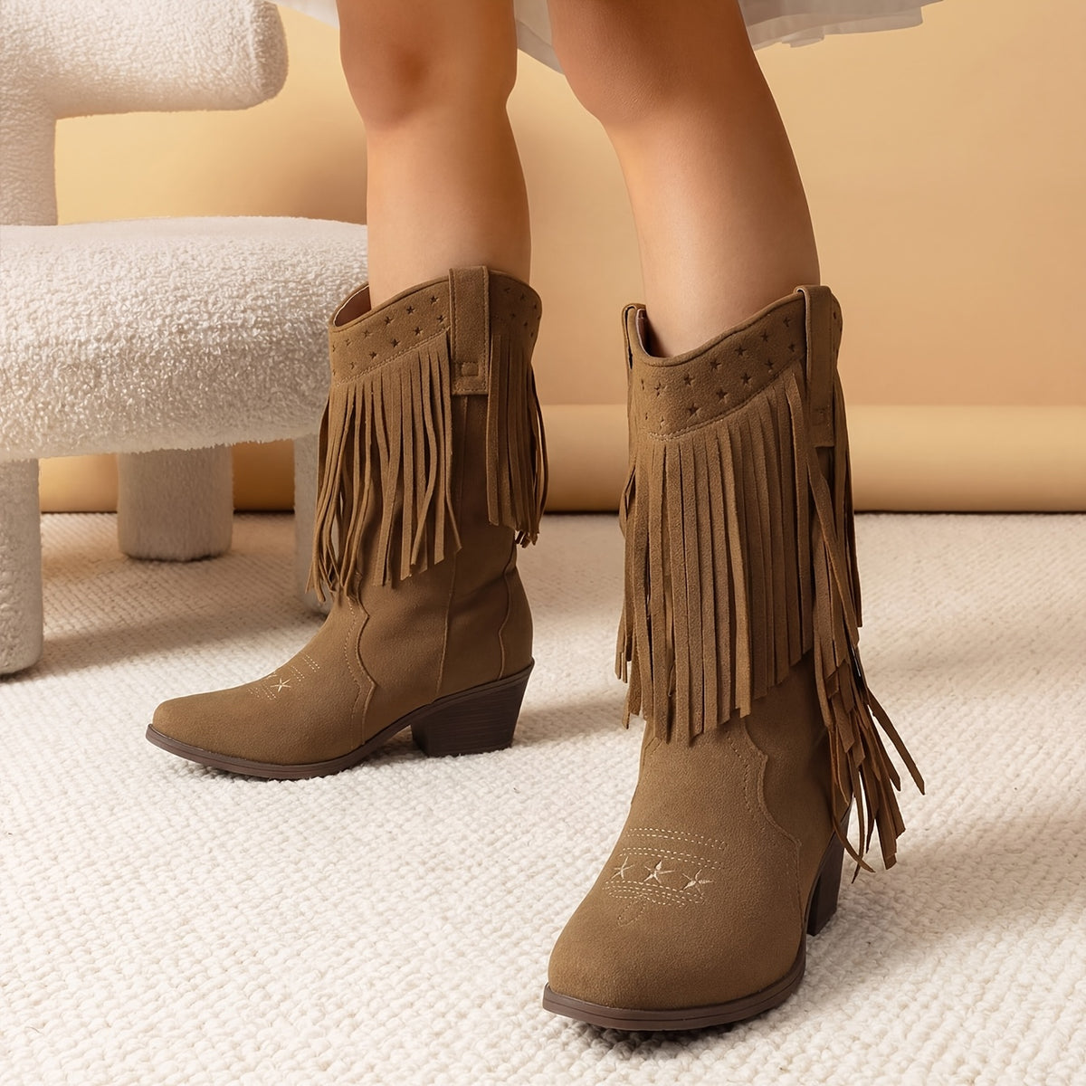 Tassel Fringe Western Ankle Boots for Girls - Star Cutout Cowgirl Boots with Soft Lining, Stable Heel, Easy Slip-On for Parties, Playtime & Dress-Up Fun